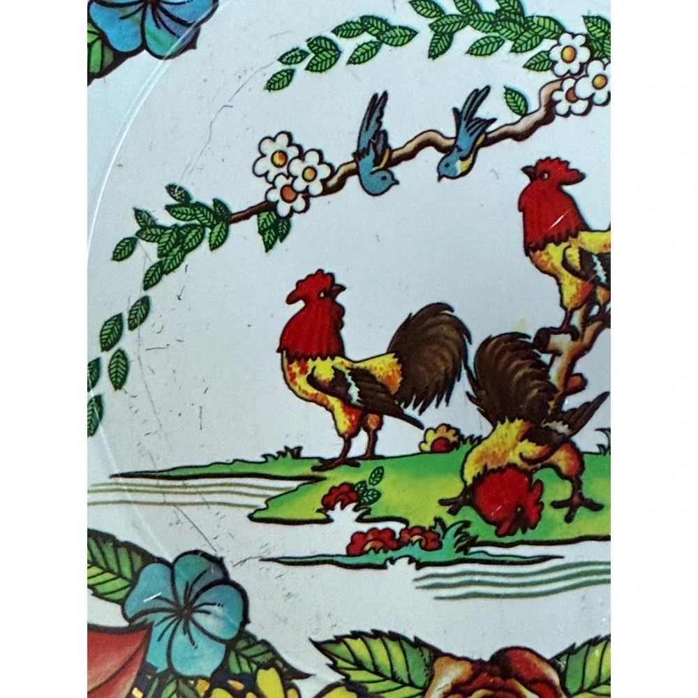 Vintage Action Industries Brazil‎ Rooster Floral Tin Plates 9 in Lot-2 Farmhouse